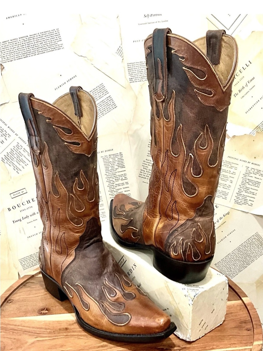 Sterling River Men's Cowboy Boot 2 Tone Brown Distress Flame Pattern
